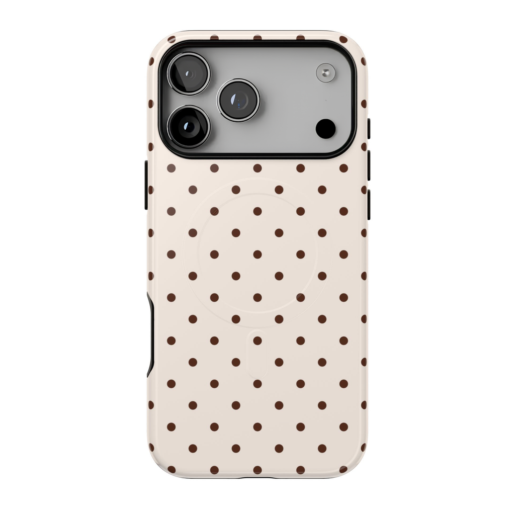 Vanilla Bean MagSafe iPhone case featuring evenly spaced chocolate brown polka dots on a creamy ivory background with a classic retro-inspired pattern.