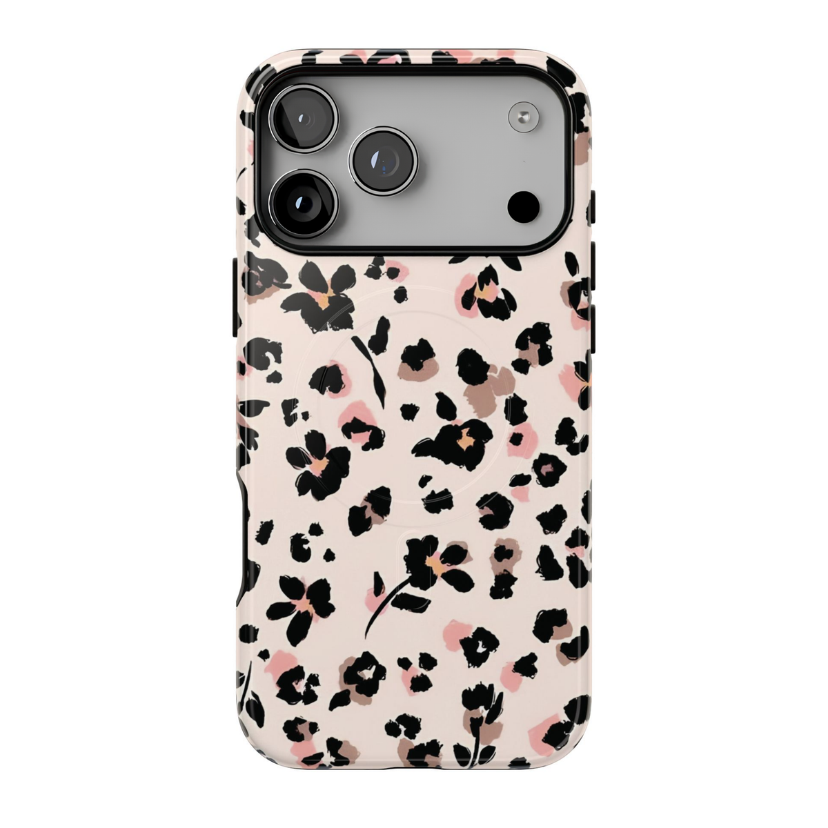 Wild Bloom iPhone MagSafe case featuring abstract black brushstroke flowers with blush pink and taupe accents on a creamy ivory background.