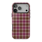 Mulberry Plaid iPhone case featuring a classic checkered plaid pattern in berry pink, deep plum, mauve, and warm cocoa brown tones.