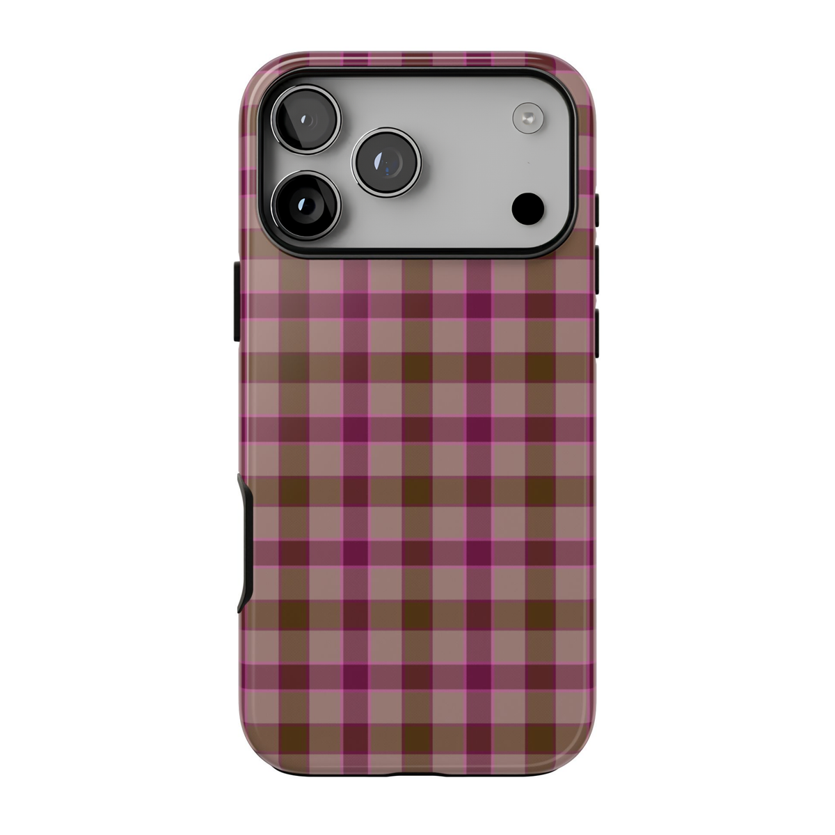 Mulberry Plaid iPhone case featuring a classic checkered plaid pattern in berry pink, deep plum, mauve, and warm cocoa brown tones.