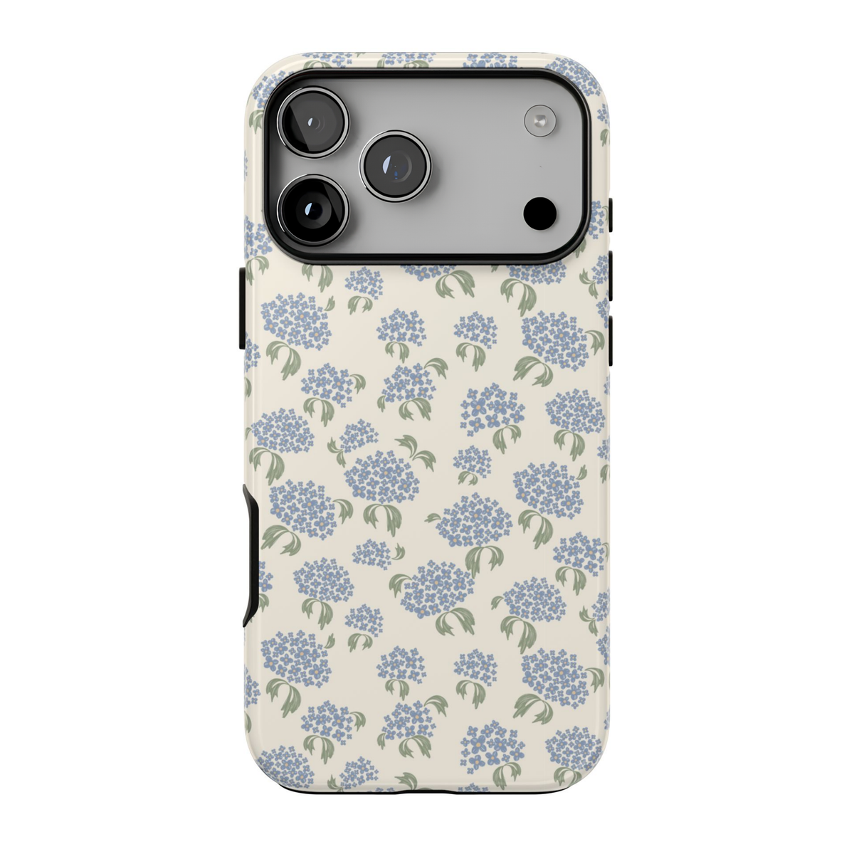 Cream-colored iPhone case featuring tiny blue flowers and soft sage green leaves in a delicate vintage-inspired floral pattern.