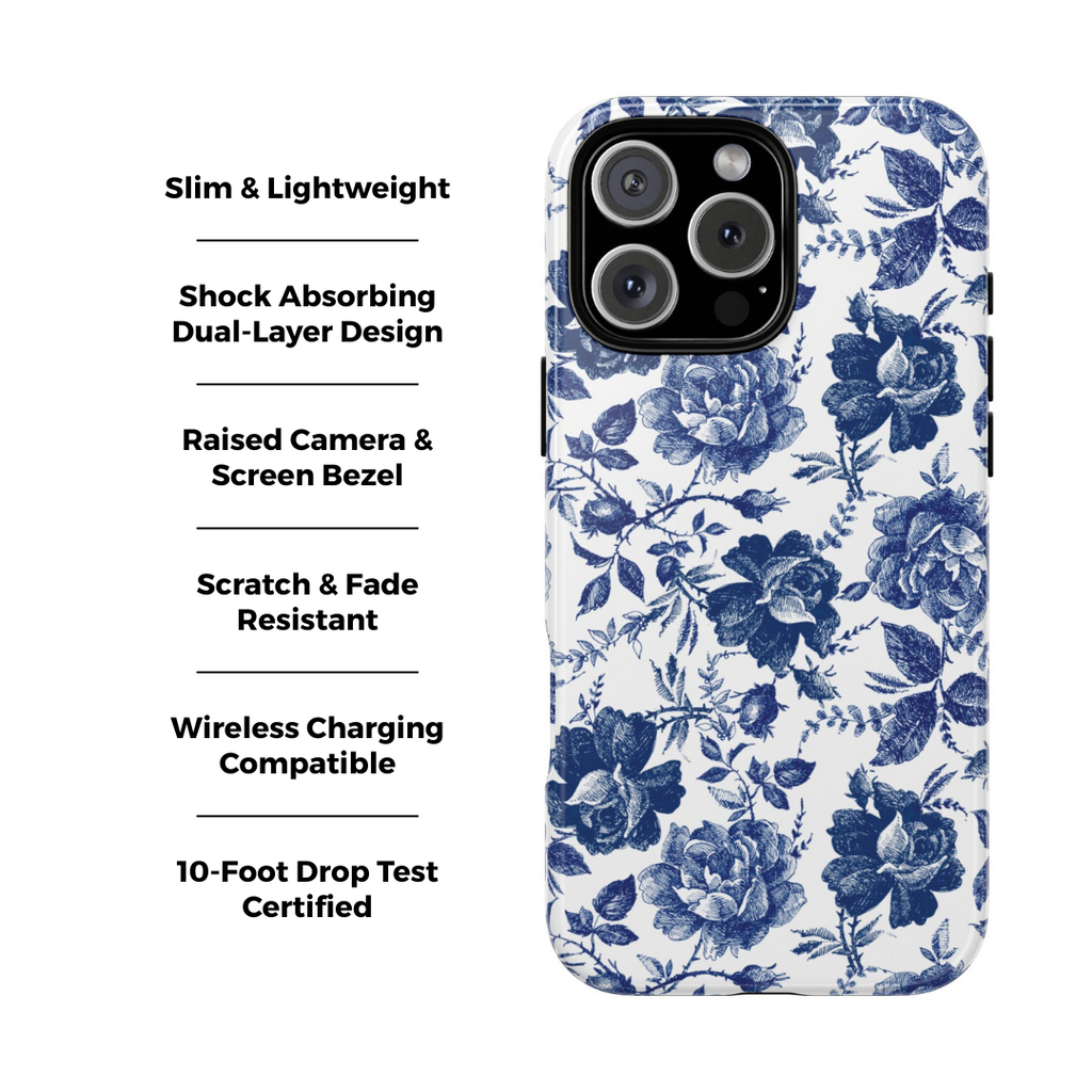 Funda retro floral para iPhone con diseño de rosa índigo