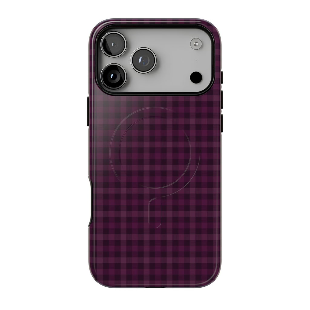 A protective iPhone MagSafe tough case with a dark purple and black plaid pattern, shown on a smartphone against a plain white background.