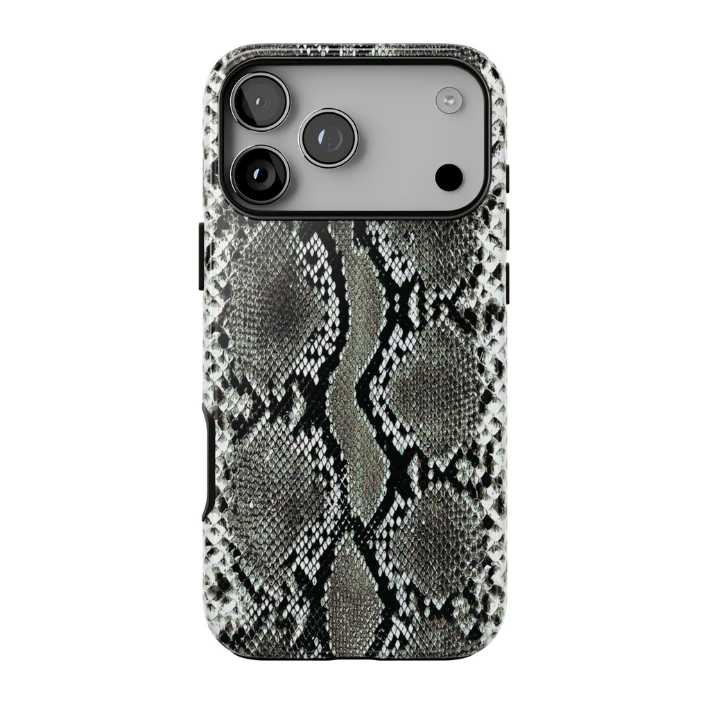 Cold Blooded protective iPhone case featuring a bold black, charcoal grey, and ivory faux snakeskin print with an edgy, realistic reptile-inspired pattern.
