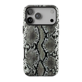 Cold Blooded protective iPhone case featuring a bold black, charcoal grey, and ivory faux snakeskin print with an edgy, realistic reptile-inspired pattern.