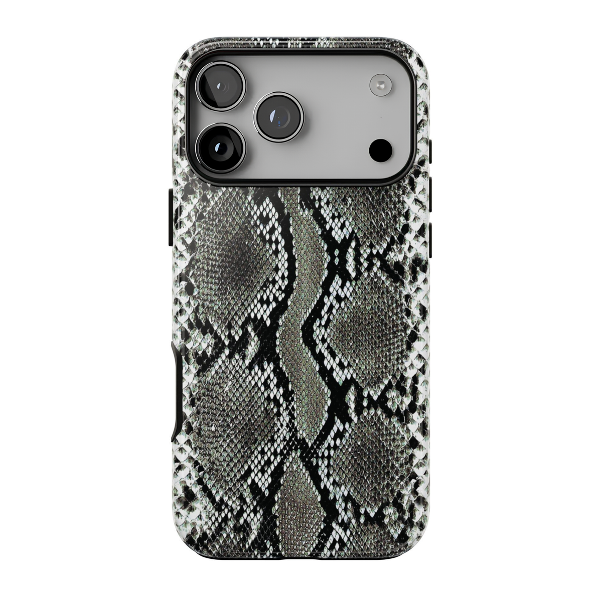 Cold Blooded protective iPhone case featuring a bold black, charcoal grey, and ivory faux snakeskin print with an edgy, realistic reptile-inspired pattern.
