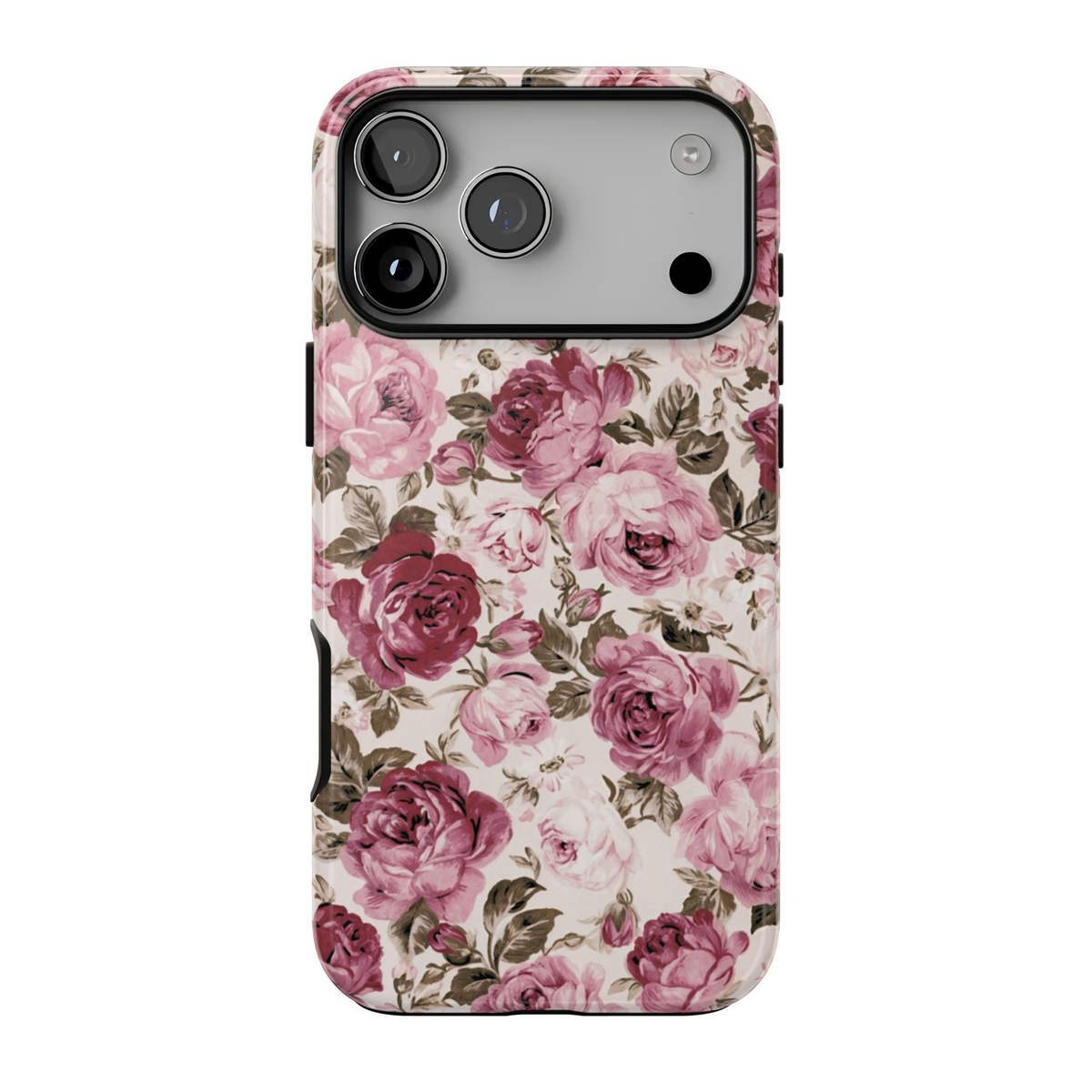 Love Story iPhone case featuring vintage pink and mauve roses, muted olive green leaves, and delicate botanical details on an ivory background.