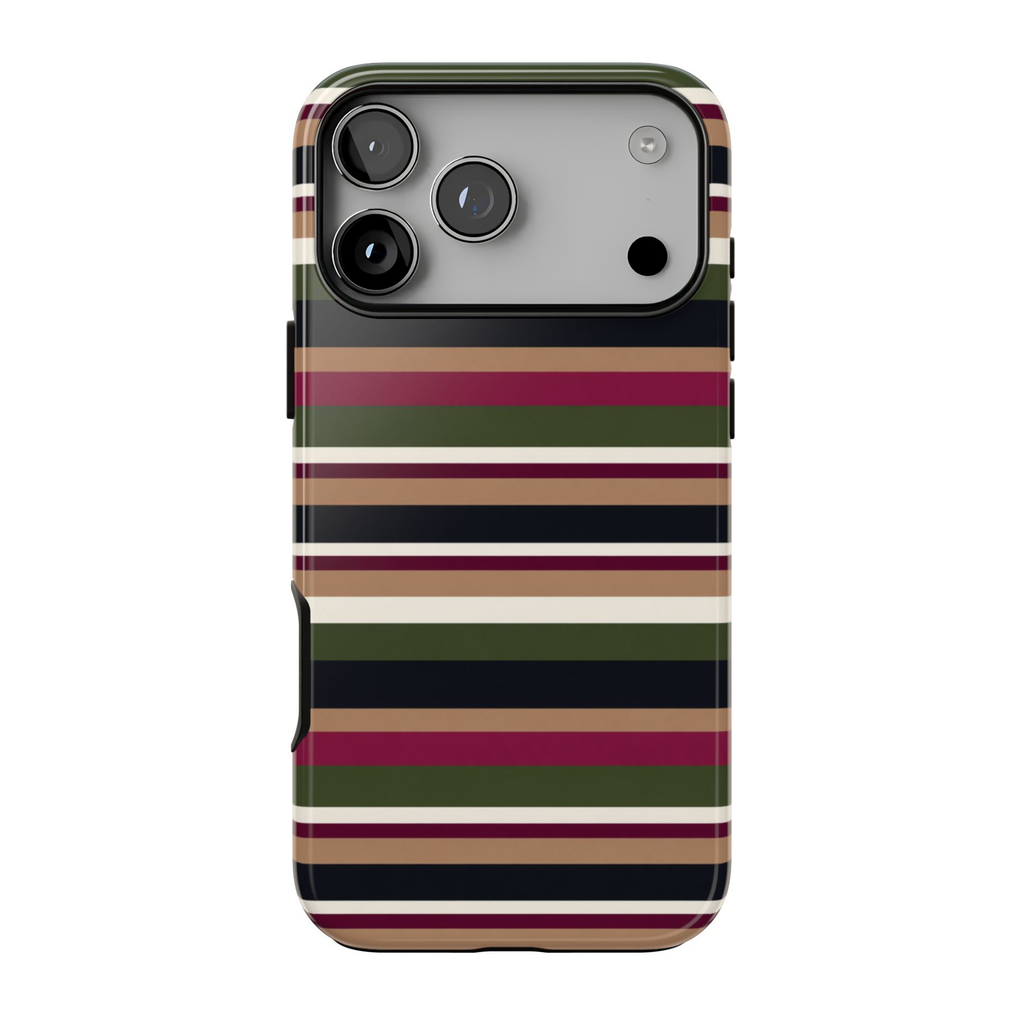 West End iPhone case featuring retro horizontal stripes in burgundy, olive green, navy blue, and warm camel.