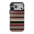 West End iPhone case featuring retro horizontal stripes in burgundy, olive green, navy blue, and warm camel.