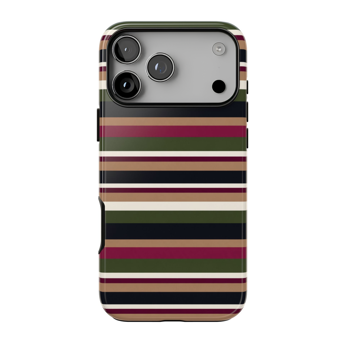 West End iPhone case featuring retro horizontal stripes in burgundy, olive green, navy blue, and warm camel.