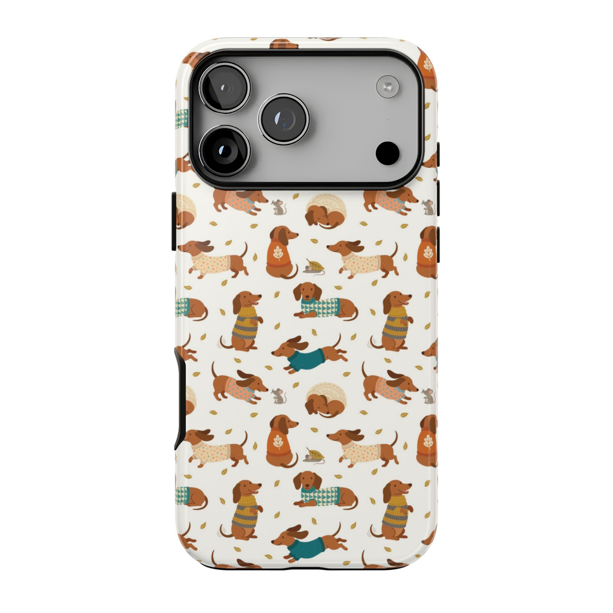Sweater Weather iPhone case featuring cute dachshunds wearing colorful teal, mustard, and rust knit sweaters with scattered autumn leaves on an ivory background.