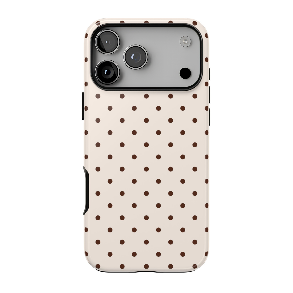Vanilla Bean iPhone case featuring evenly spaced chocolate brown polka dots on a creamy ivory background with a classic retro-inspired pattern.