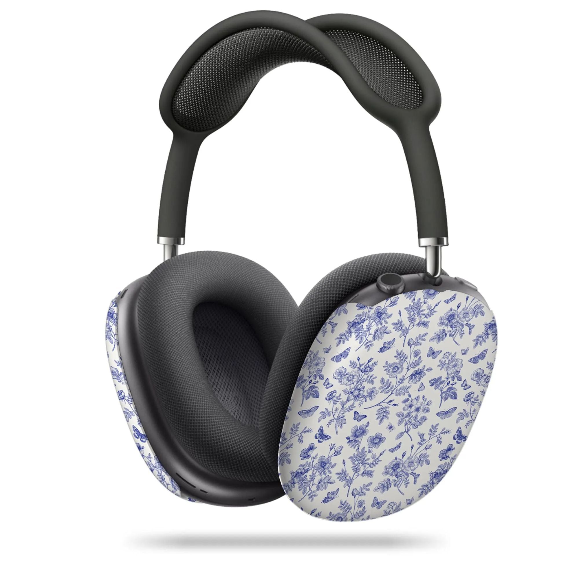An AirPods Max case with a blue floral pattern and black accents