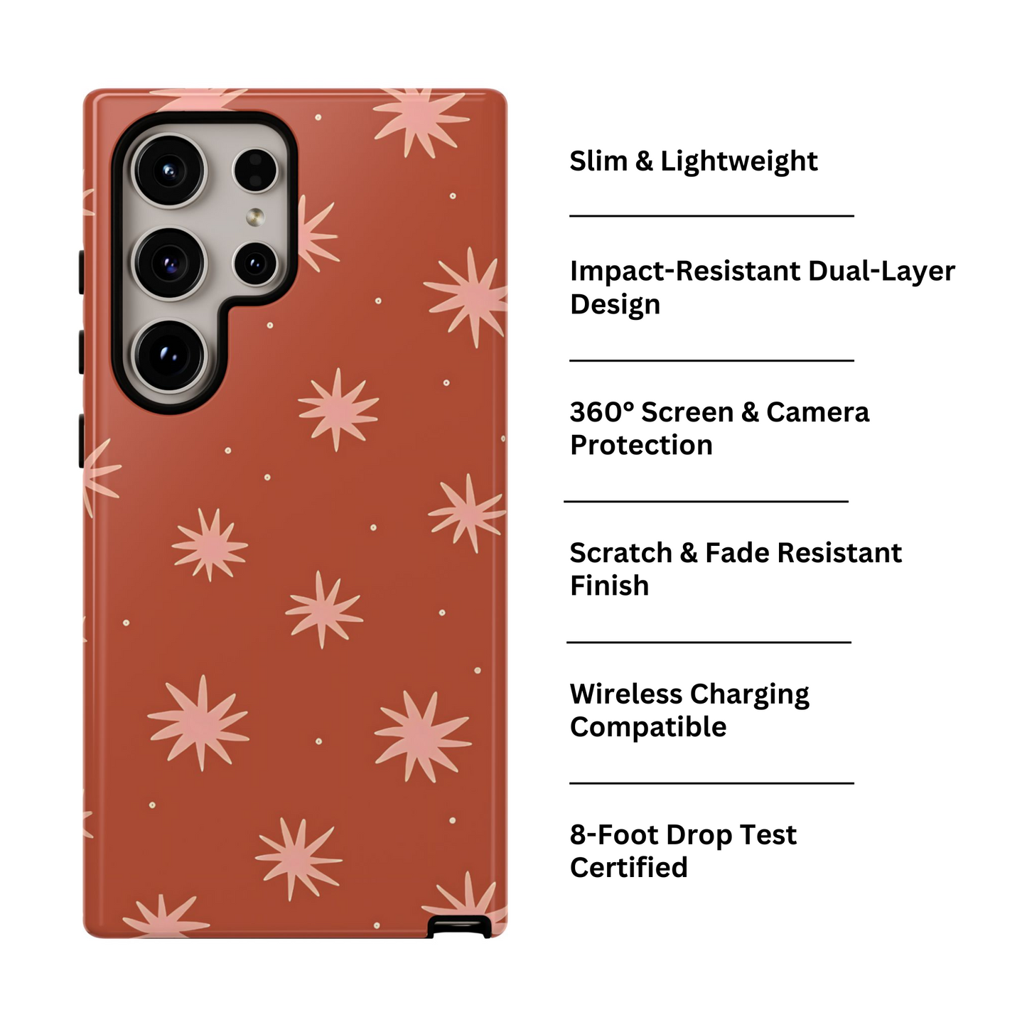 Funda retro Galaxy de color naranja con estrellas boho 