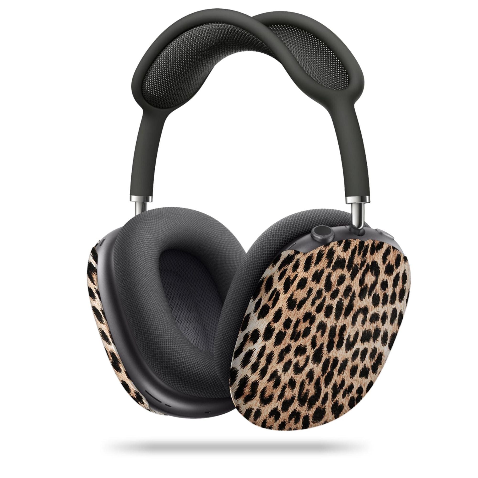 A leopard print AirPods Max case with black ear cushions and a matching leopard print design.