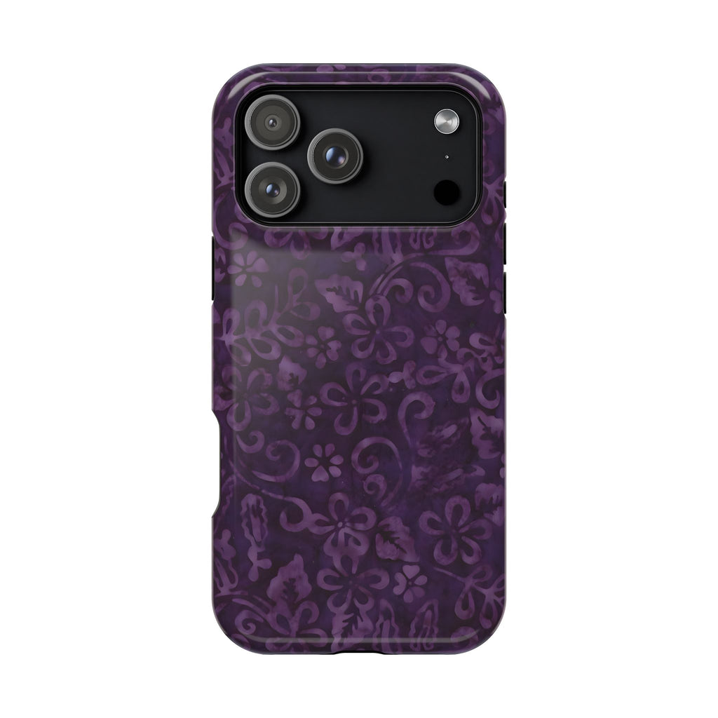 Phone case with purple floral pattern on a white background