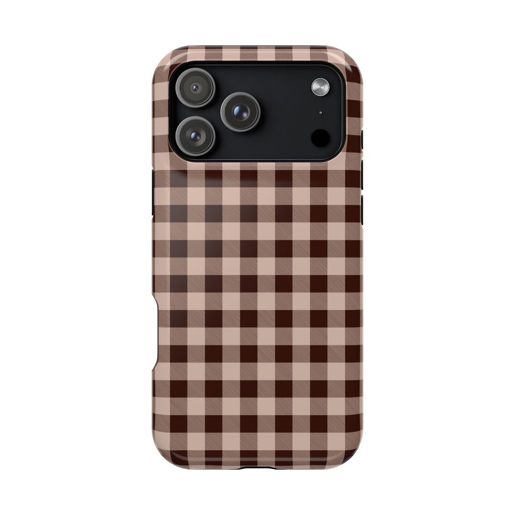 Phone case with brown and beige checkered pattern on a white background