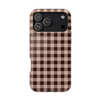 Phone case with brown and beige checkered pattern on a white background