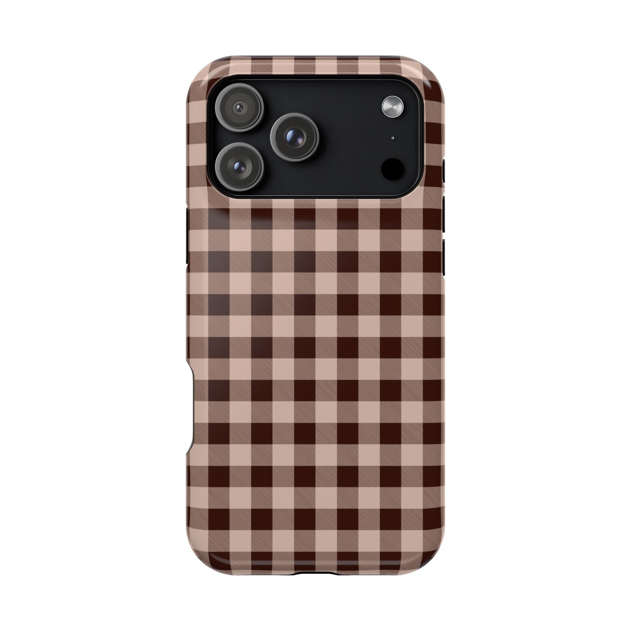 Phone case with brown and beige checkered pattern on a white background