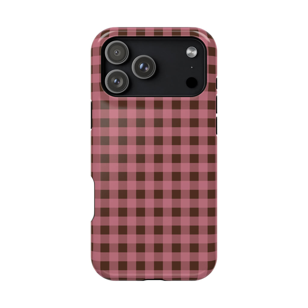 Phone case with pink and brown plaid pattern on a white background