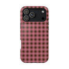 Phone case with pink and brown plaid pattern on a white background