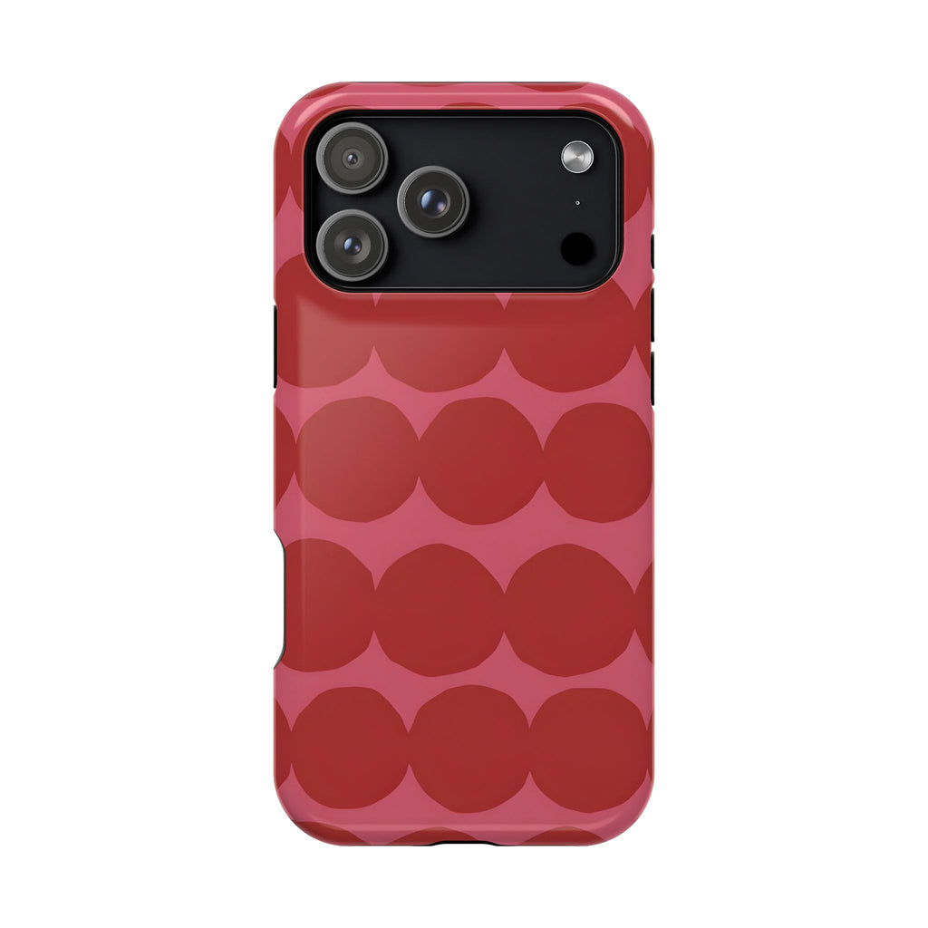 Phone case with red circular pattern on a white background