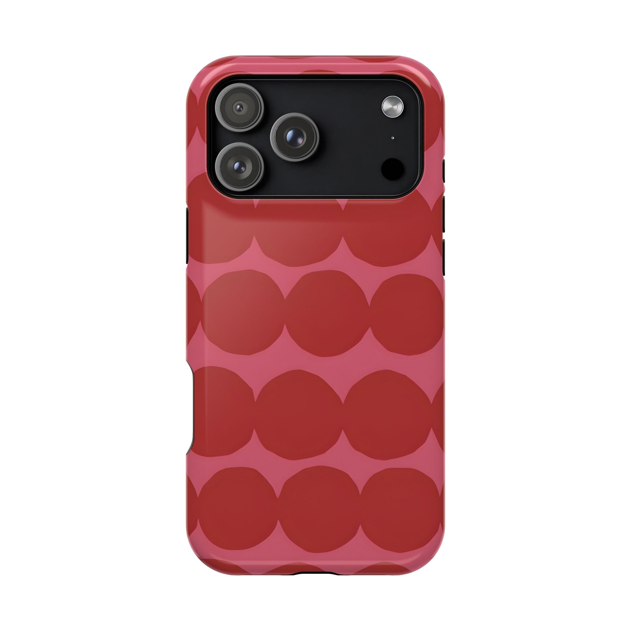 Phone case with red circular pattern on a white background