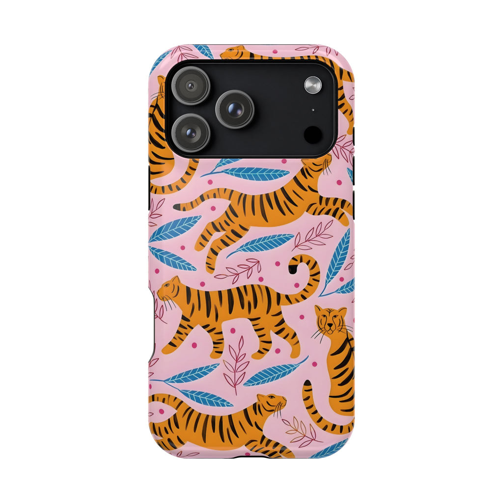 Phone case with tiger and leaf pattern on a pink background