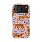Phone case with tiger and leaf pattern on a pink background