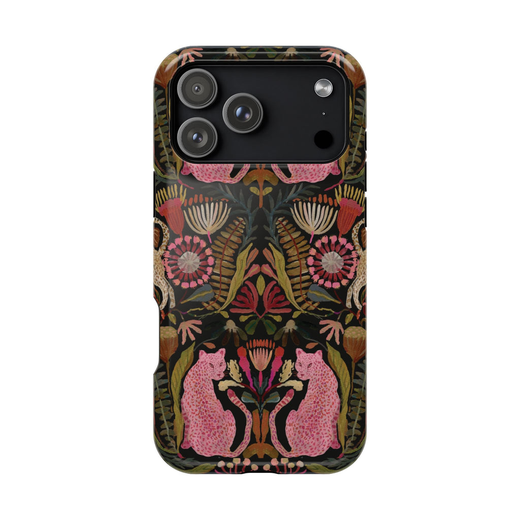 Phone case with floral and cat design on a white background