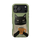 Phone case with a black cat holding a coffee cup design on a green background