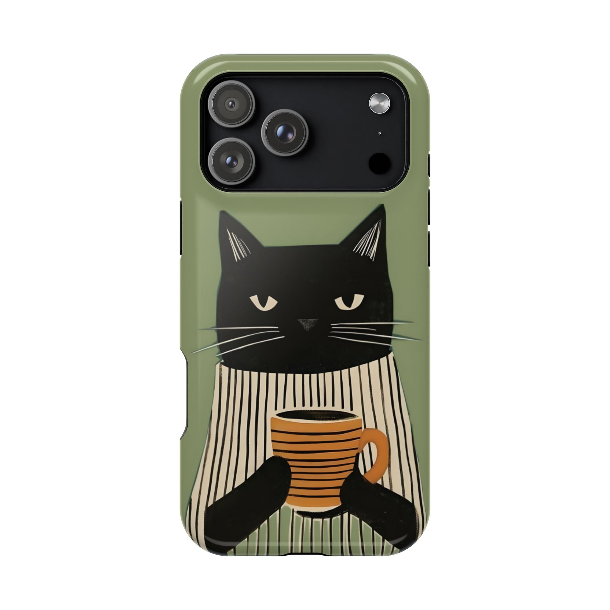 Phone case with a black cat holding a coffee cup design on a green background