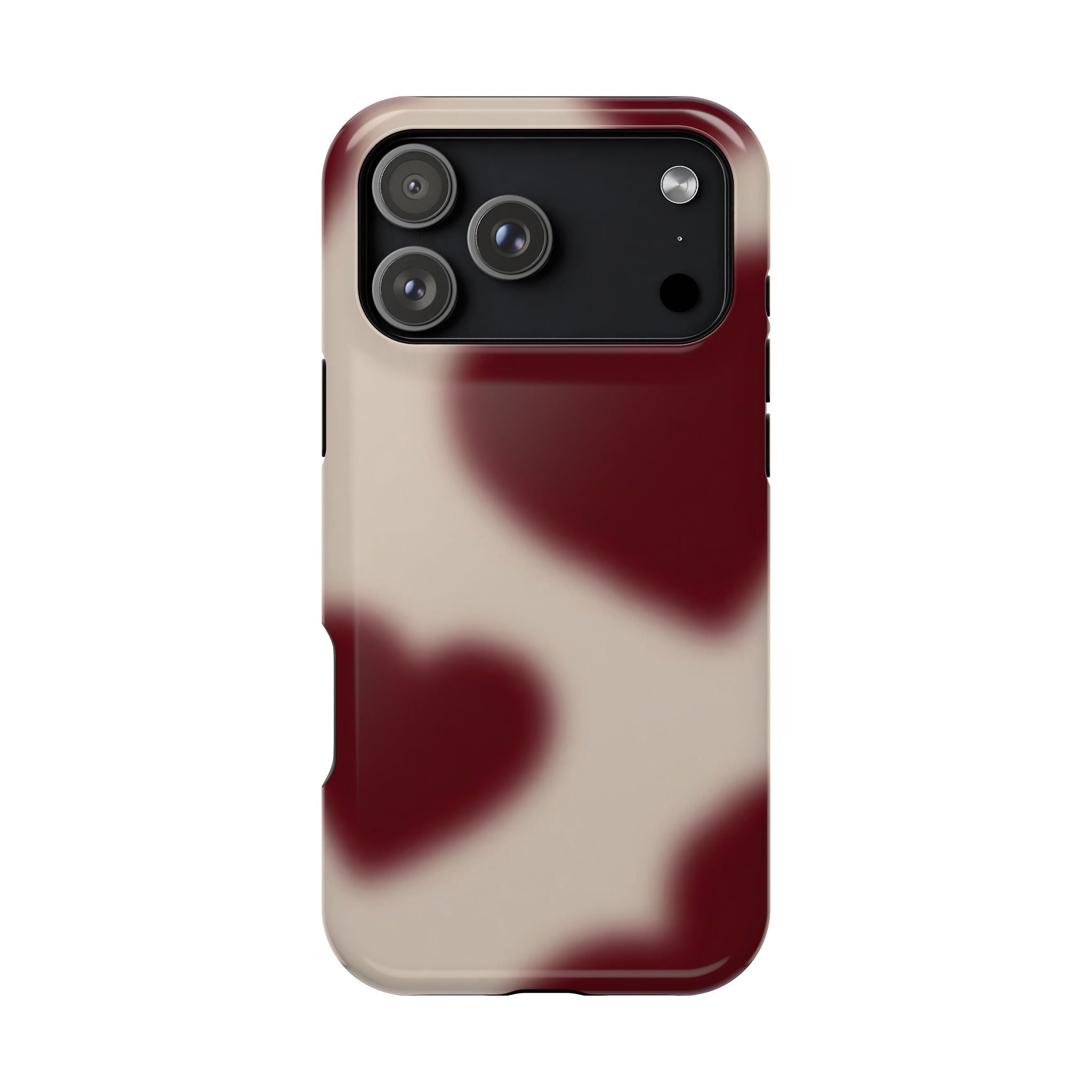 Phone case with red and white abstract design on a white background
