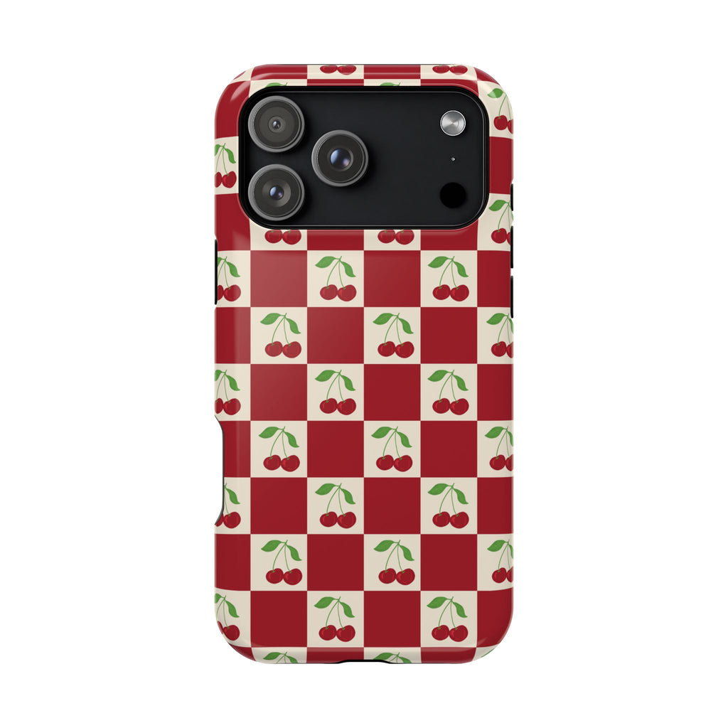 Phone case with red and white checkered pattern and cherry design on a white background