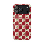 Phone case with red and white checkered pattern and cherry design on a white background