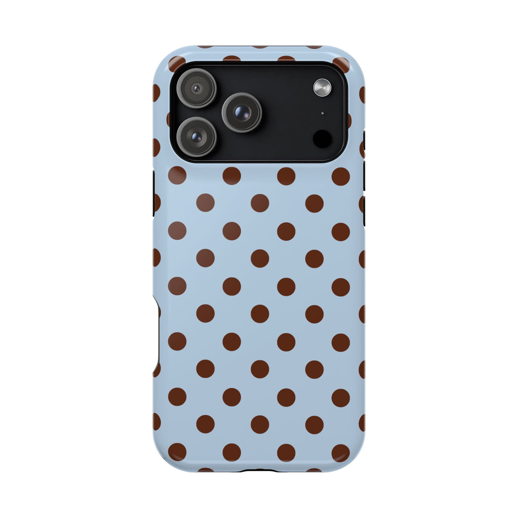 Phone case with brown polka dots on a light blue background