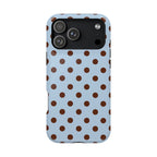 Phone case with brown polka dots on a light blue background
