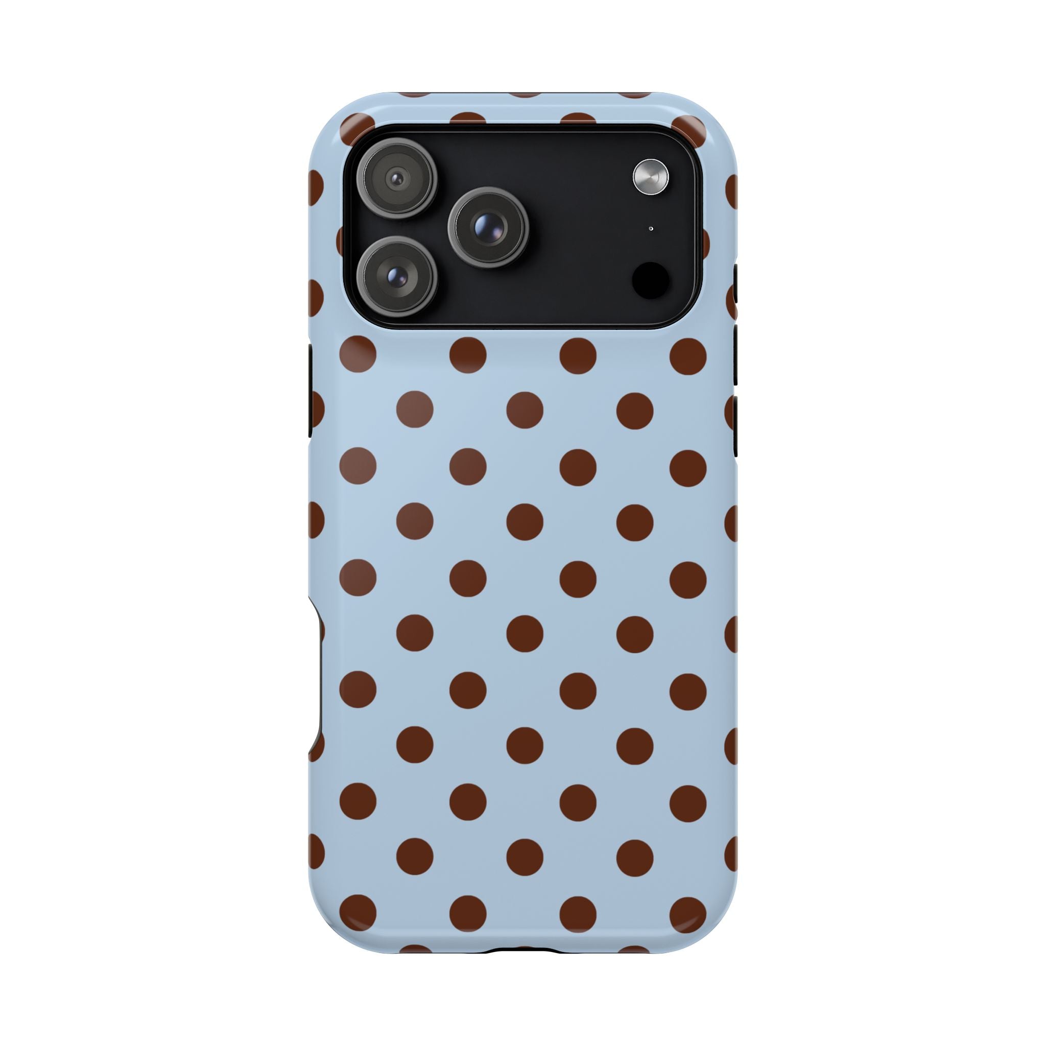 Phone case with brown polka dots on a light blue background