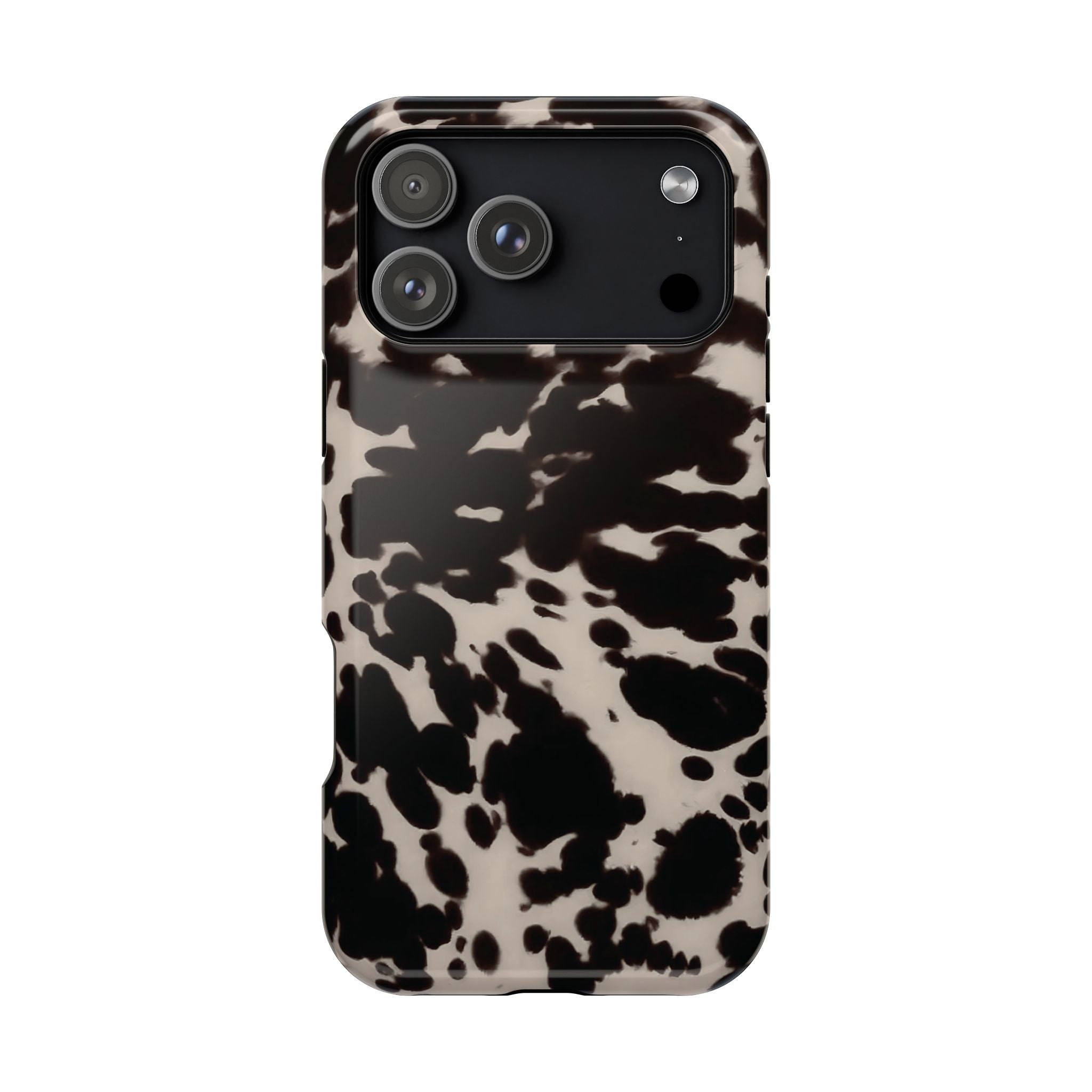 Phone case with a black and white cow print pattern on a white background