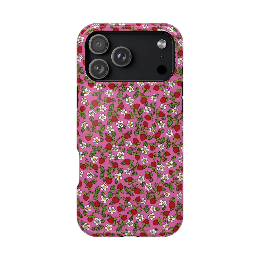 Phone case with strawberry and flower pattern on a pink background