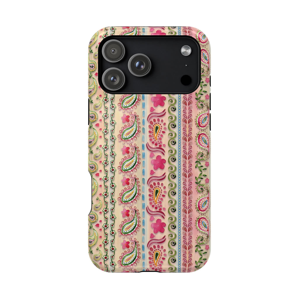 Phone case with a colorful paisley pattern on a white background