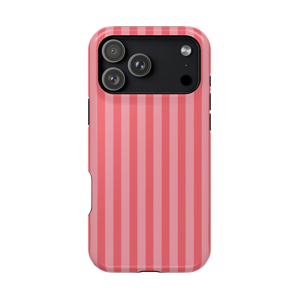 Phone case with pink vertical stripes on a white background