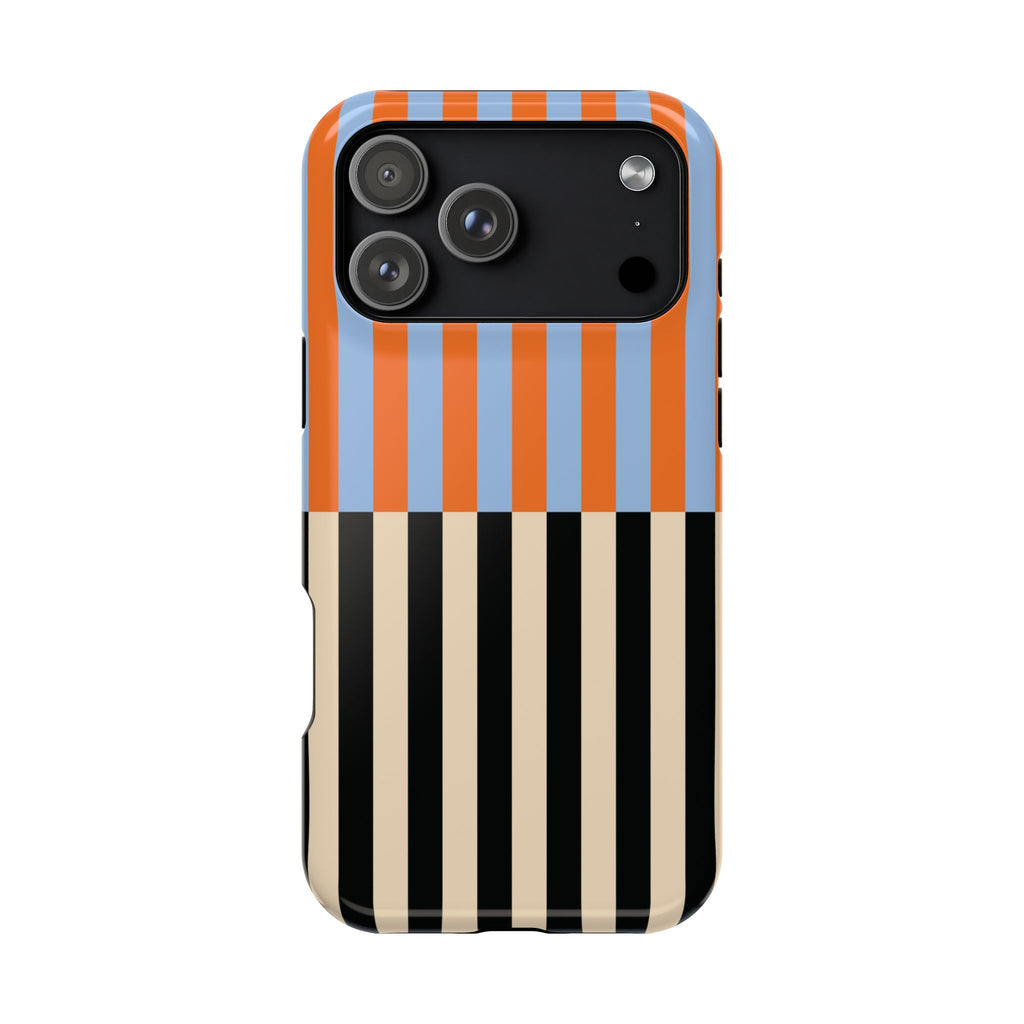 Phone case with vertical stripes in orange, blue, beige, and black on a white background