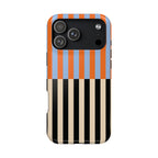 Phone case with vertical stripes in orange, blue, beige, and black on a white background