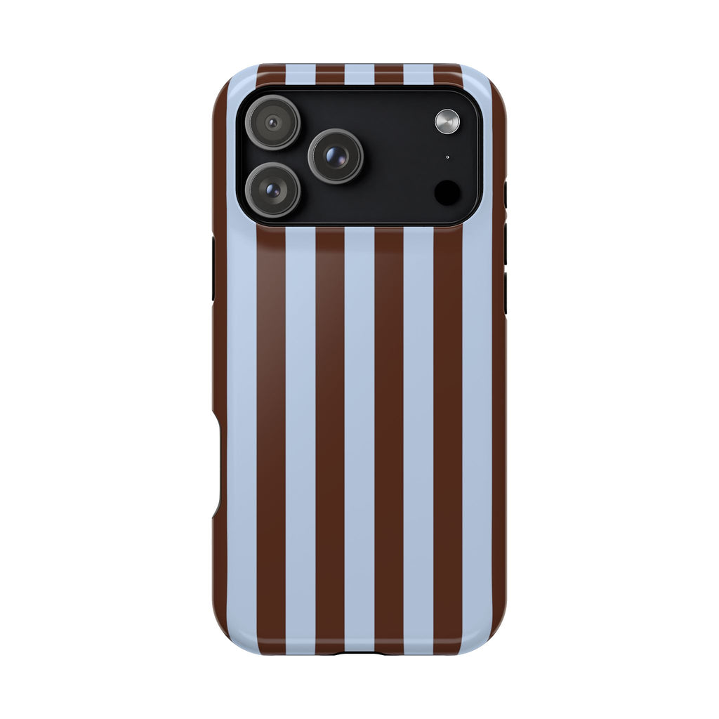 Phone case with brown and blue vertical stripes on a white background