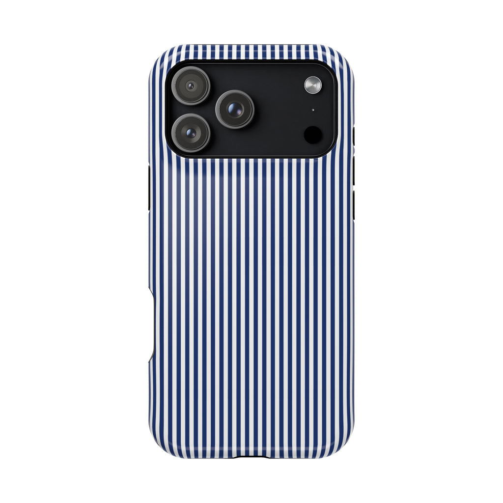 Phone case with blue and white striped pattern on a white background