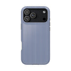 Phone case with blue and white striped pattern on a white background