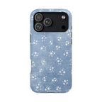 Blue denim-style phone case with white floral pattern on a white background