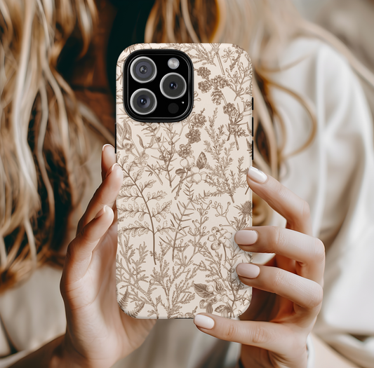 Funda para iPhone con diseño floral y botánico en color beige