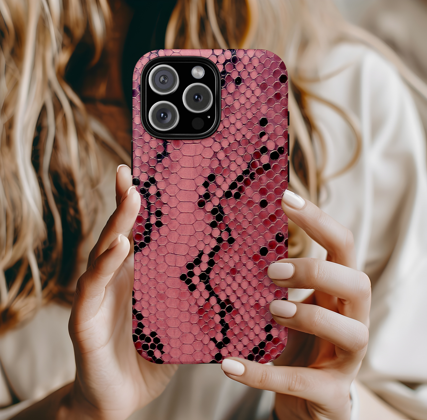 Funda para iPhone con estampado de serpiente y pitón rosa